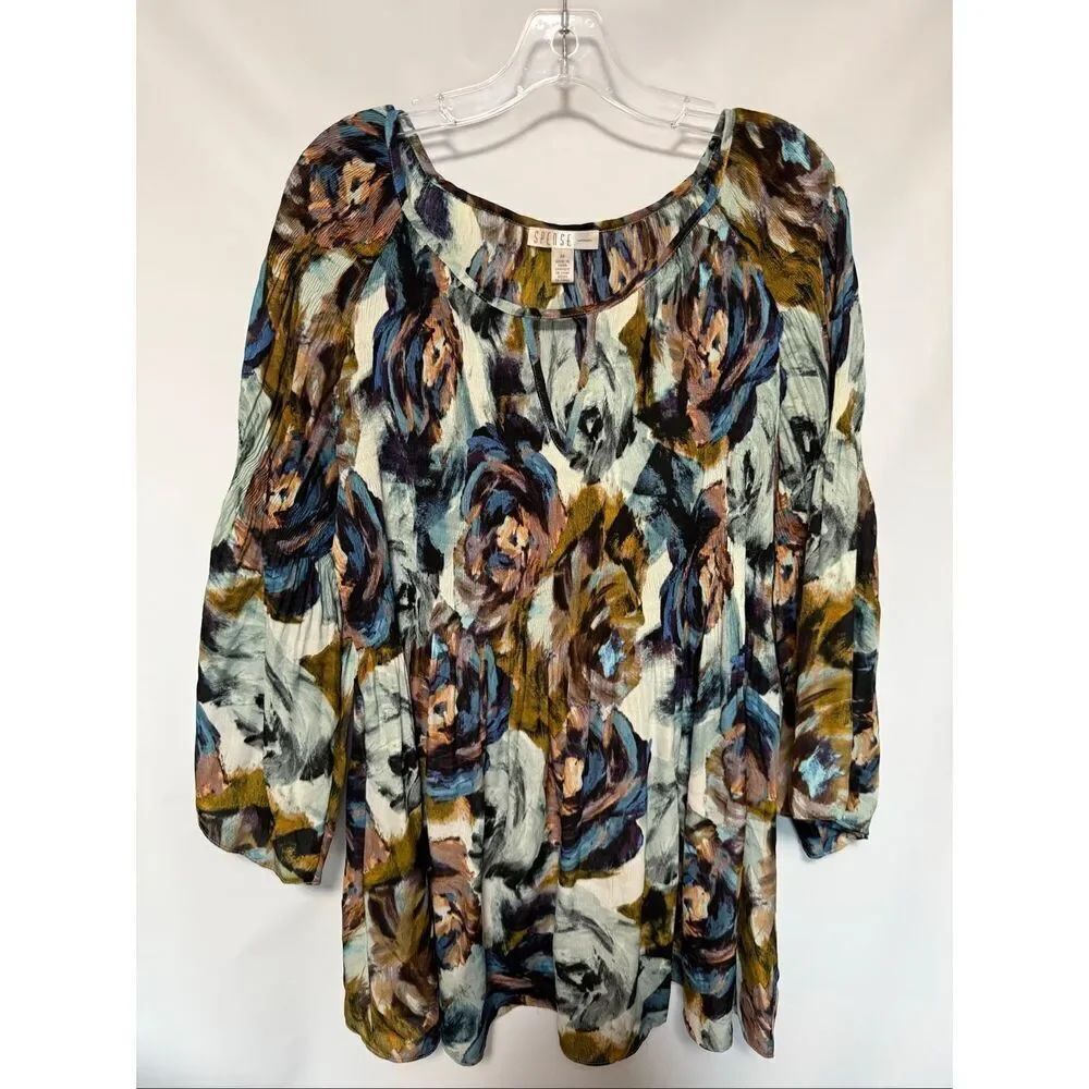 Spense Women watercolor floral Tunic Baby Doll Top Bell Sleeves Loose Fit blouse